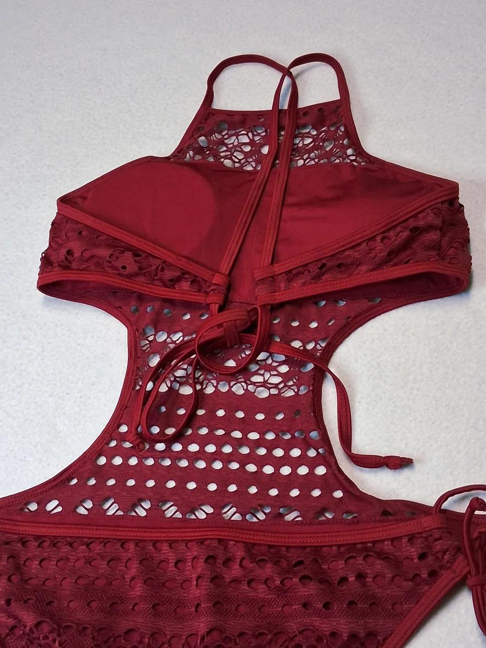 4/20$ ➡️   Crochet Cutout One-Piece Swimsuit - Wine Burgundy Crochet Monokini - Picture 6 of 11